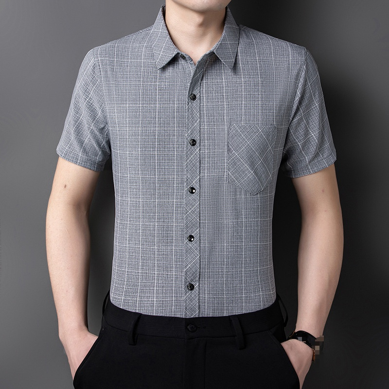 チェック柄綿麻メンズシャツ