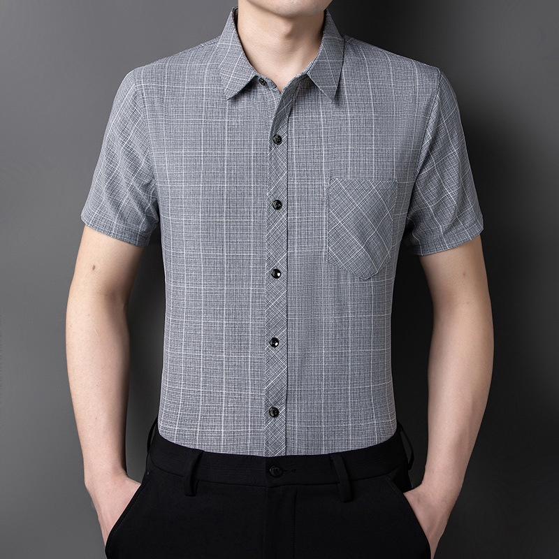 チェック柄綿麻メンズシャツ