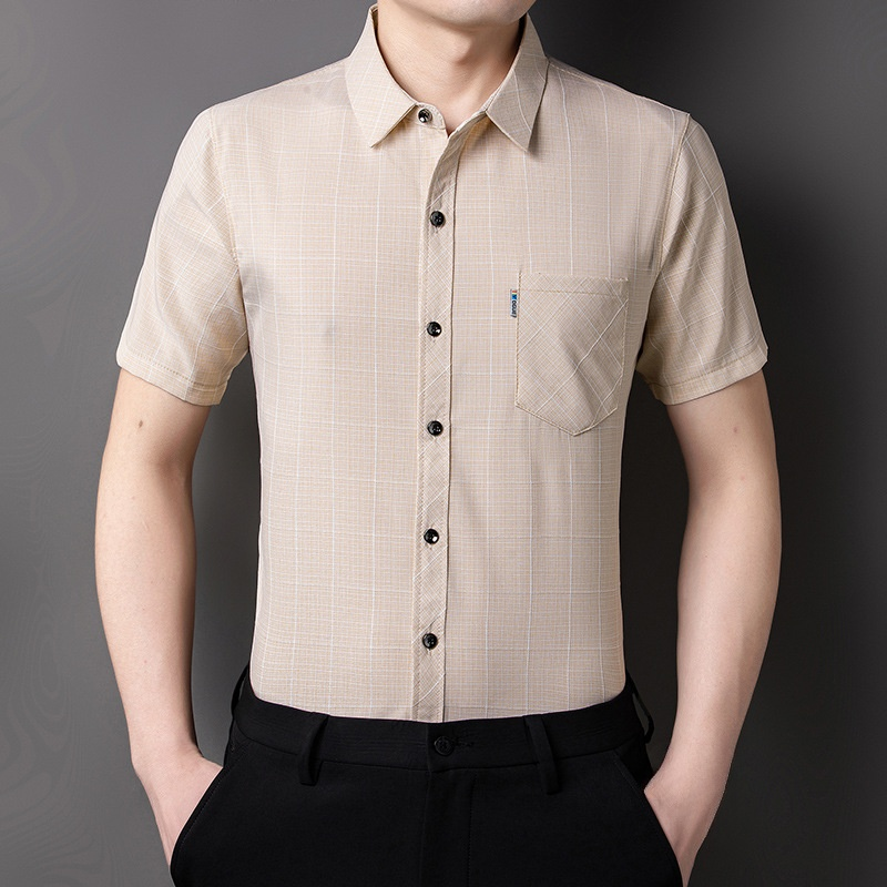 チェック柄綿麻メンズシャツ