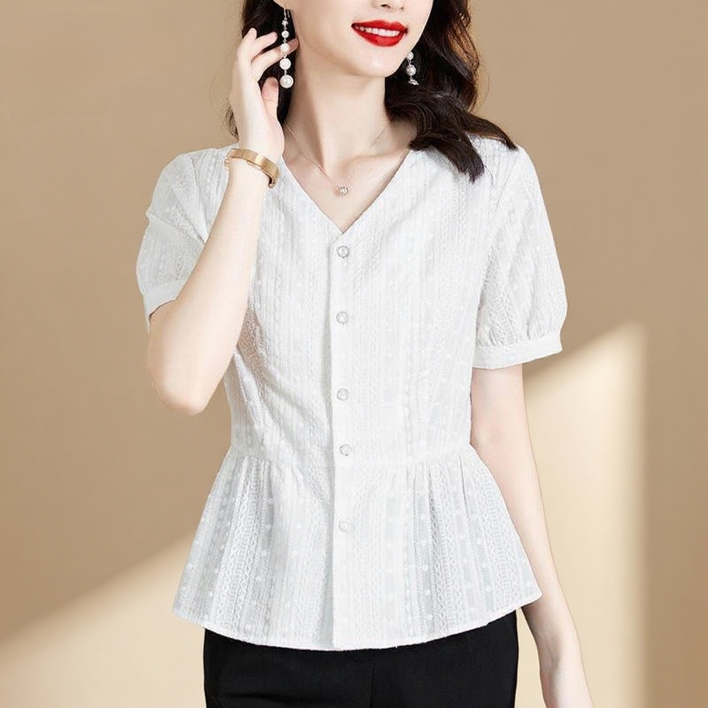 여름 신상 패셔너블하게 배를 가리는 중년 엄마 허리띠를 줄여 날씬해 보이는 블라우스녀