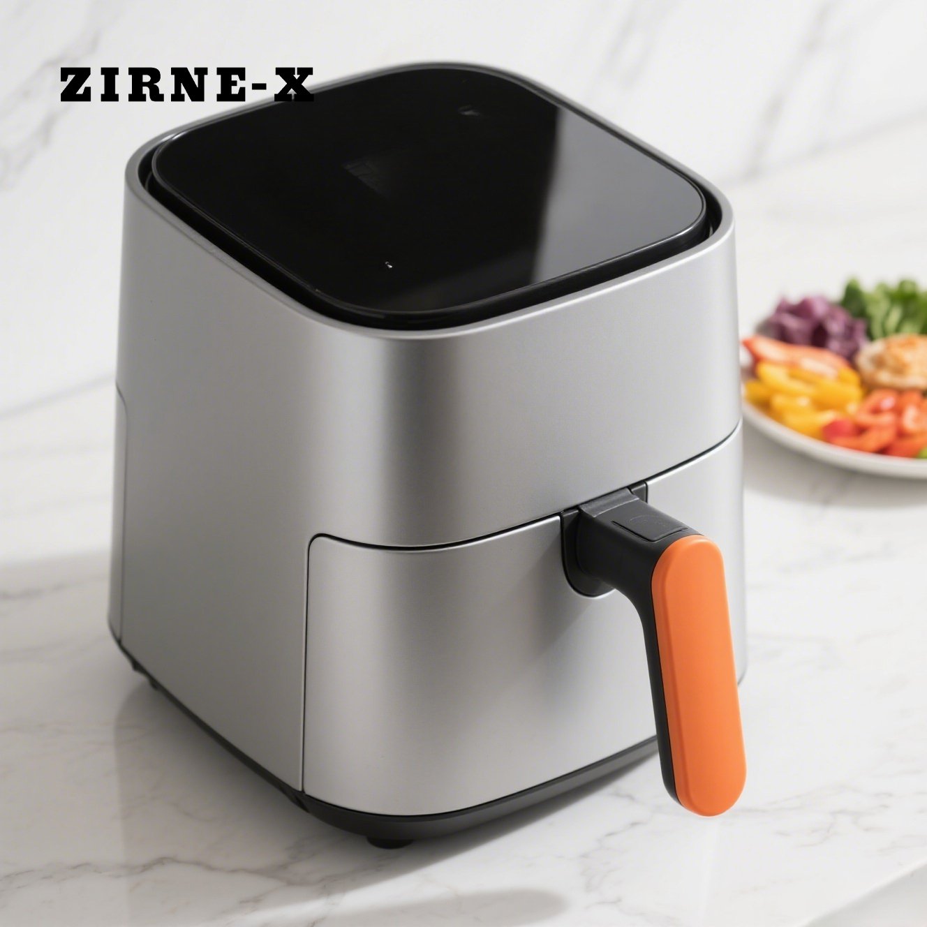 Moderne Heißluftfritteuse auf Küchenarbeitsplatte