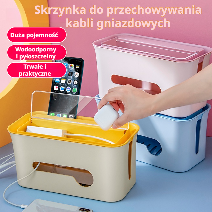 Wielofunkcyjna skrzynka do przechowywania kabli i gniazd, organizer przewodów
