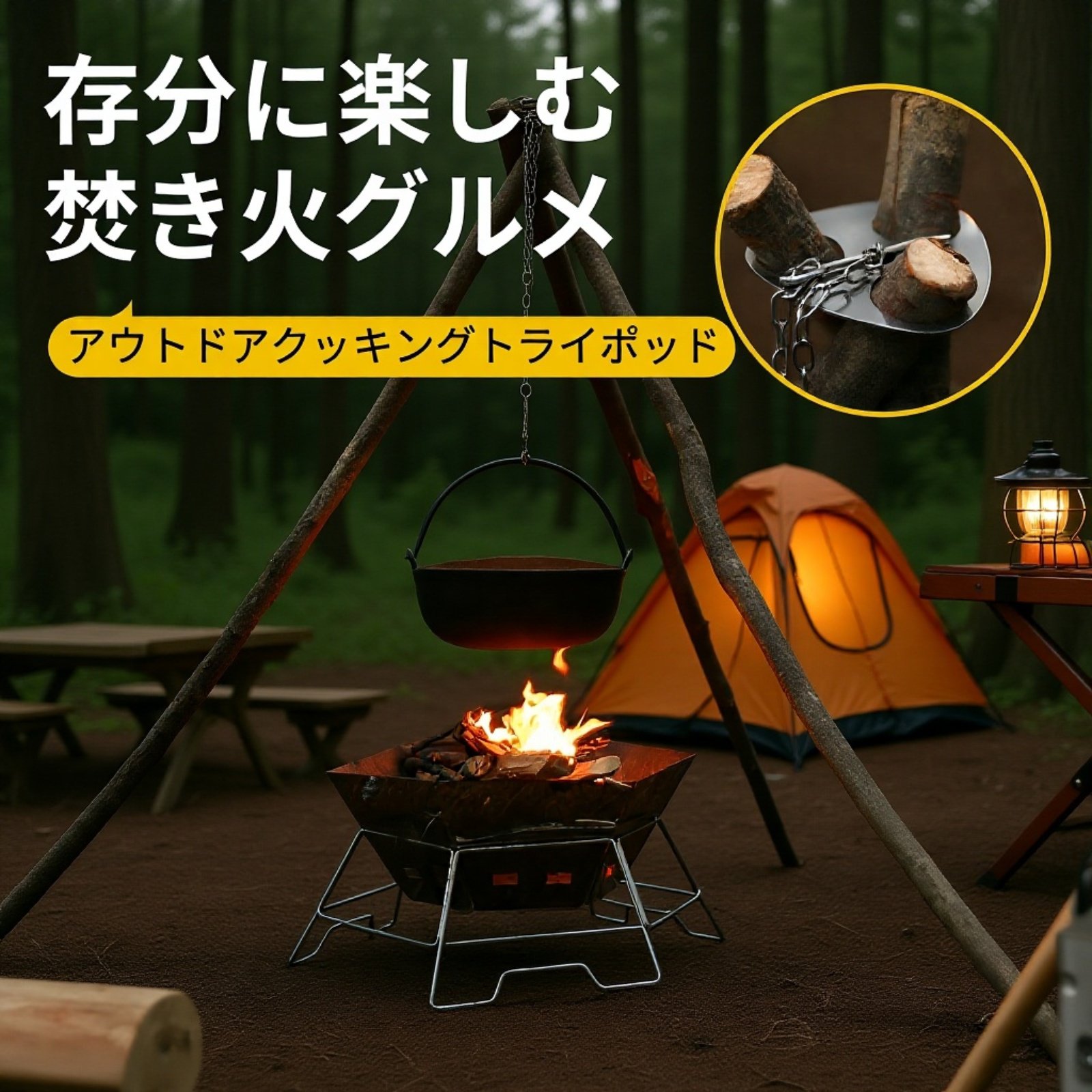 ポータブルアウトドア三脚鍋スタンド ステンレス吊り輪付き