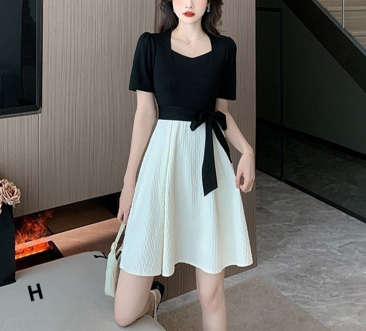 小柄女性向け夏用ヘップバーンスリムワンピース・ロングスカート風フェイクツーピース