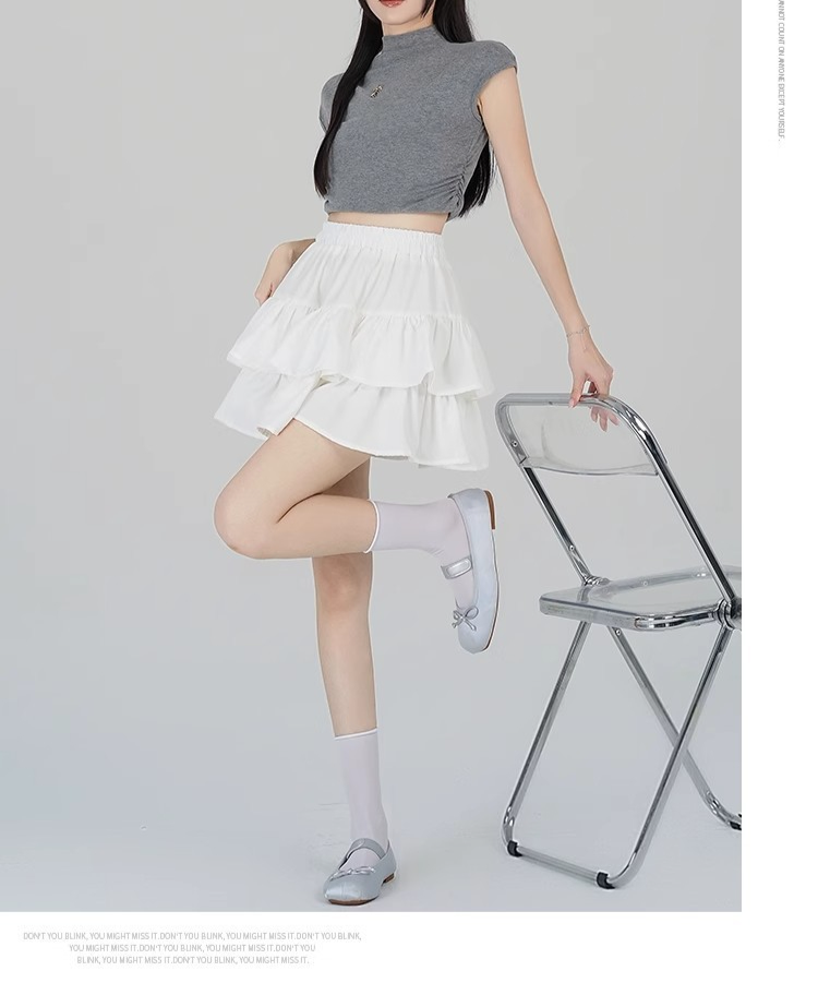 春夏小柄女性用ハイウエストフリルスカート スリム見えミディスカート ケーキスカート