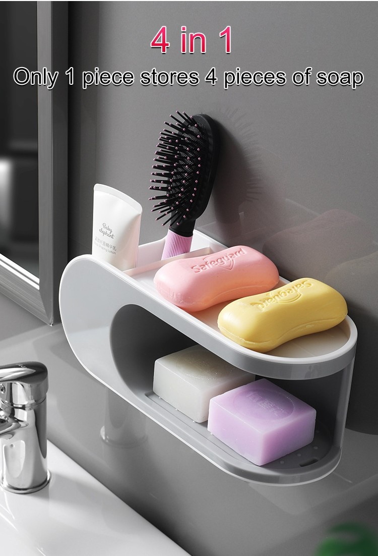 Double-tier punch free soap holder mounted on bathroom wall