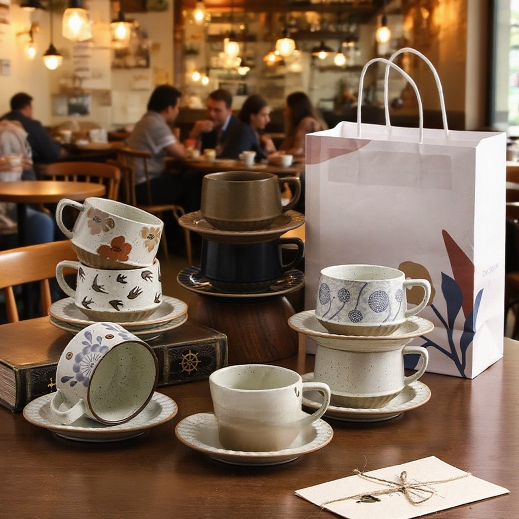 창의적인 레트로 커피 컵과 접시 세트