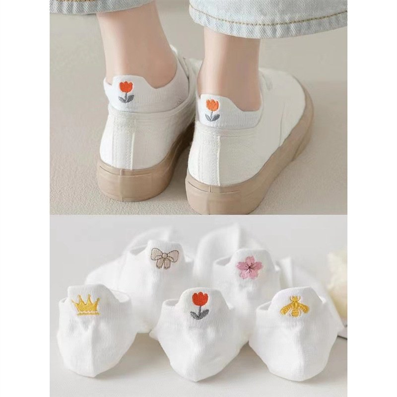 여성 얇은 발목 양말 화이트 양말 봄가을 러블리 자수 덧신 사계절 얇은 러블리 발목 양말