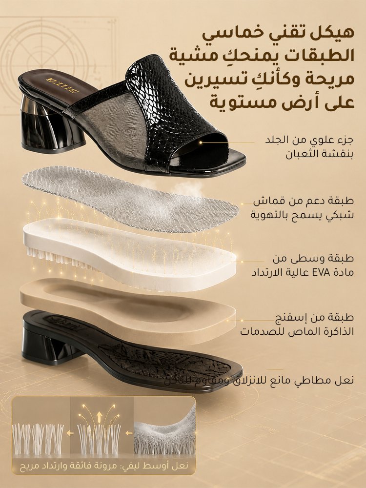 صندل نسائي بكعب عريض ونقشة جلد الثعبان وتصميم شبكي على الطراز الفرنسي