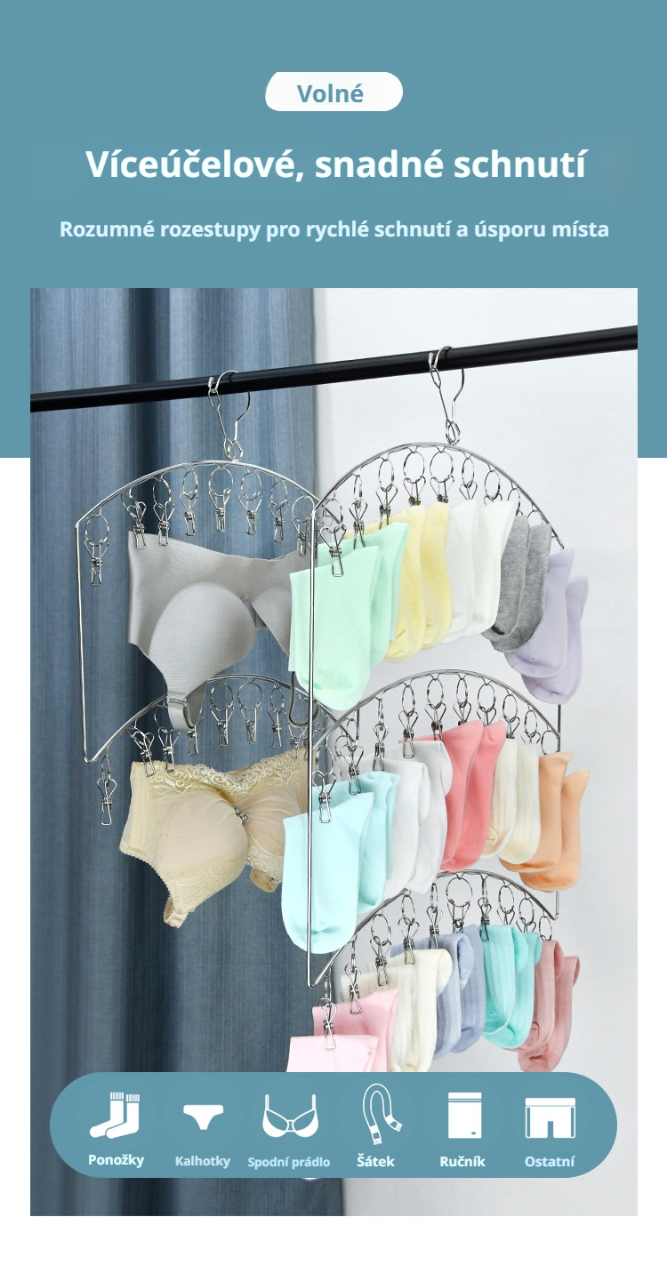 Vícevrstvý sušák na prádlo s rozloženými rameny