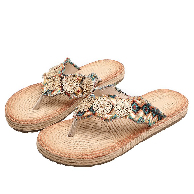 夏の快適リネンアウターフラットスリッパ クリップバックルサンダル クリップオンリネンシューズ