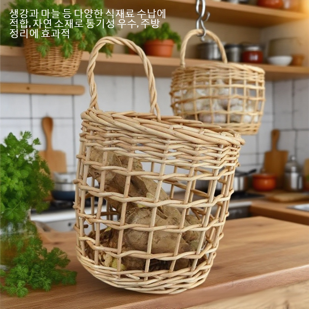 등나무 엮기 벽걸이 생강마늘 수납 광주리