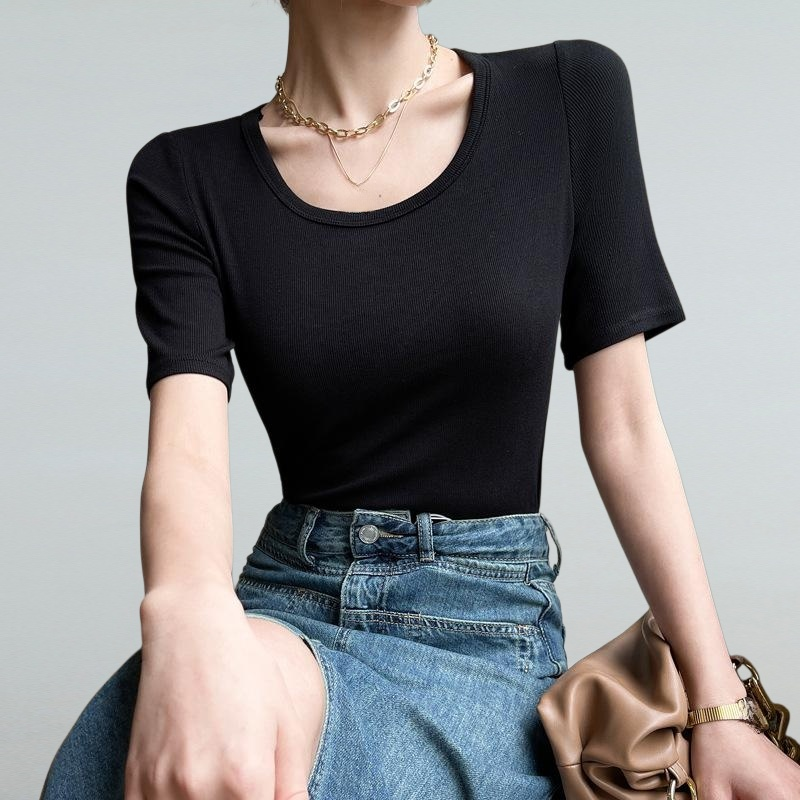 하계 저고리 나사산 라운드넥 중소매 반소매 반팔 티녀 상의