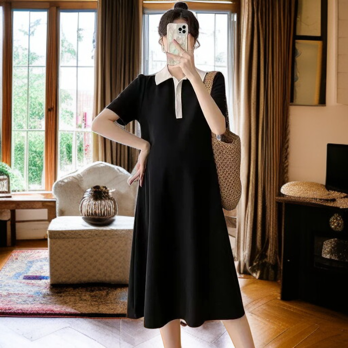 マタニティドレス 夏 半袖 ポロスカート ラペルマタニティドレス 夏 半袖 マタニティスカート 韓国風 ゆったり