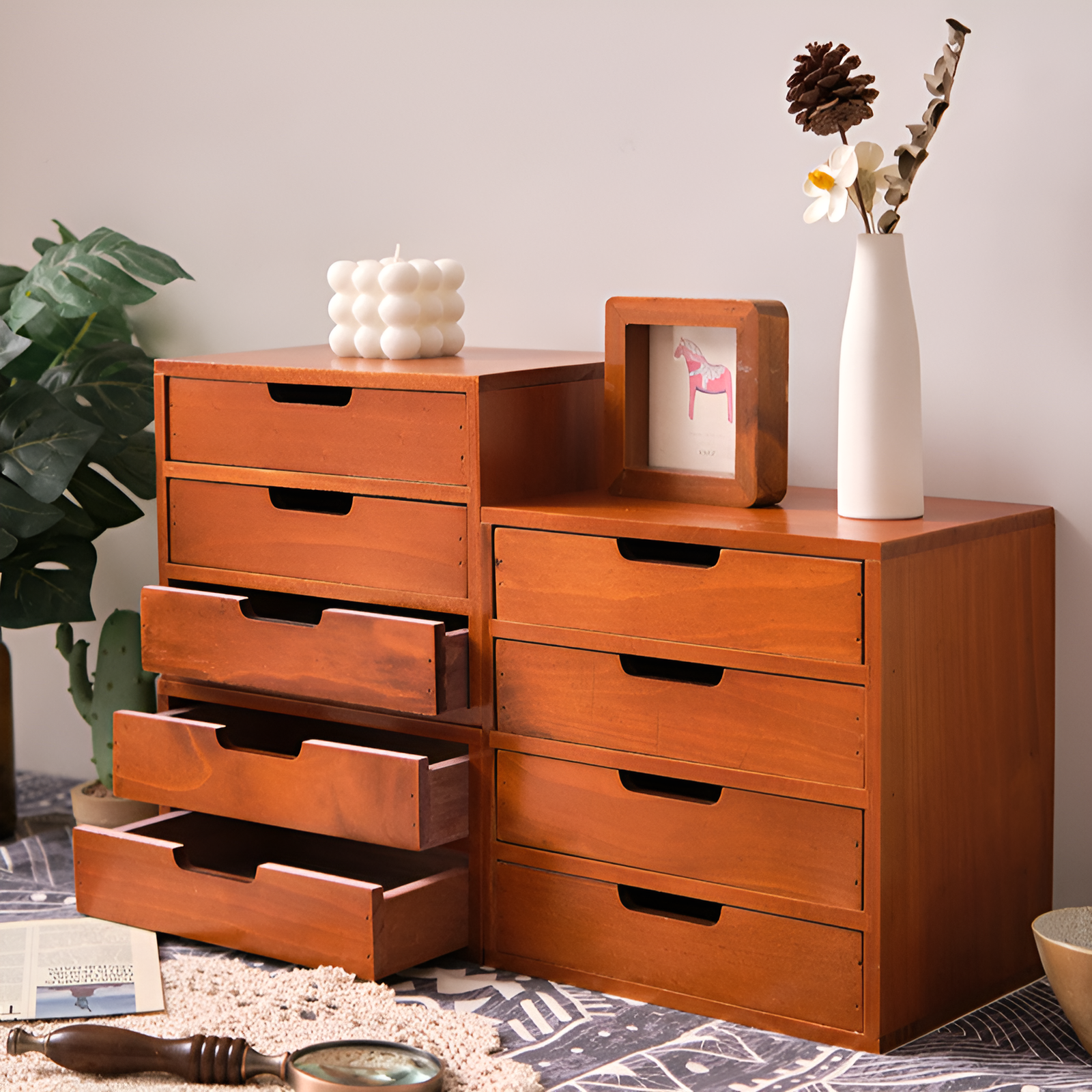 木製デスクトップ引き出し式多層収納小型ロッカー木製化粧品雑貨ボックスディスプレイ画面高さ調整ラック