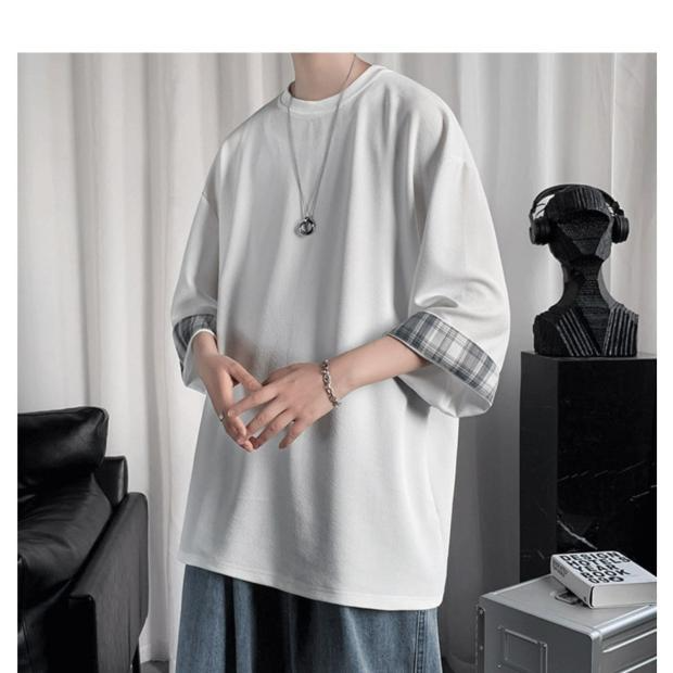 ビッグサイズルーズサマーメンズ半袖Tシャツ ラウンドネックTシャツ 学生チェック柄トップス