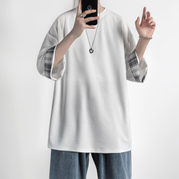 ビッグサイズルーズサマーメンズ半袖Tシャツ ラウンドネックTシャツ 学生チェック柄トップス