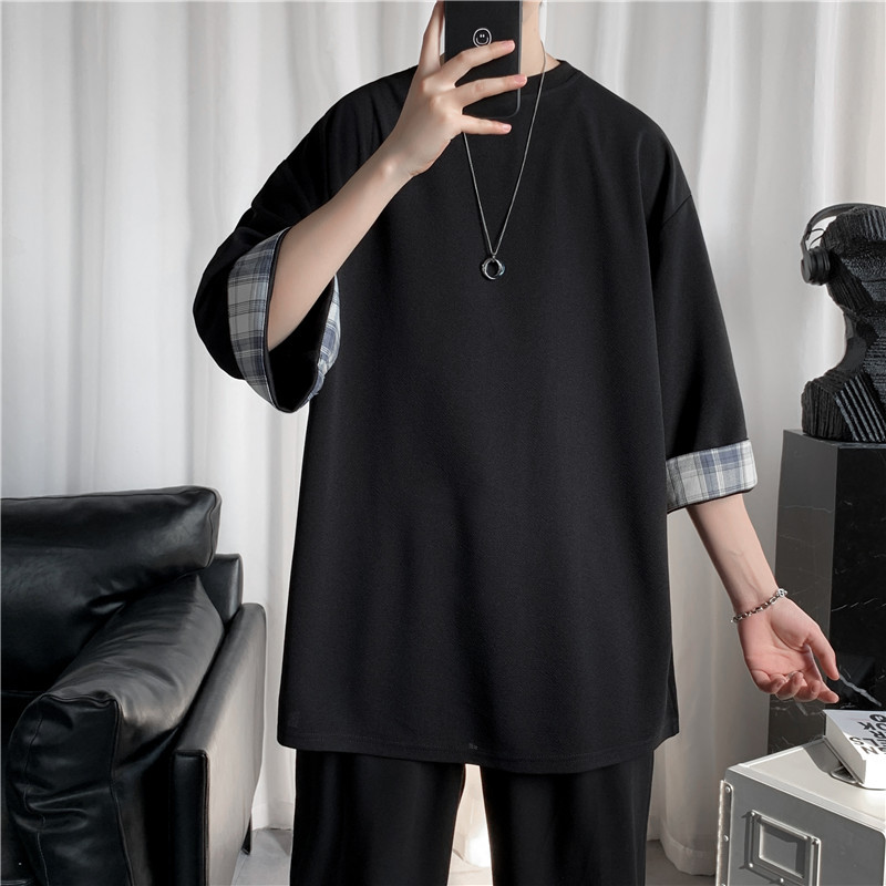 ビッグサイズルーズサマーメンズ半袖Tシャツ ラウンドネックTシャツ 学生チェック柄トップス