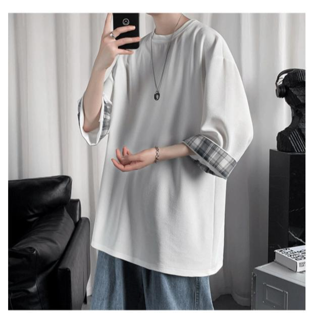 ビッグサイズルーズサマーメンズ半袖Tシャツ ラウンドネックTシャツ 学生チェック柄トップス