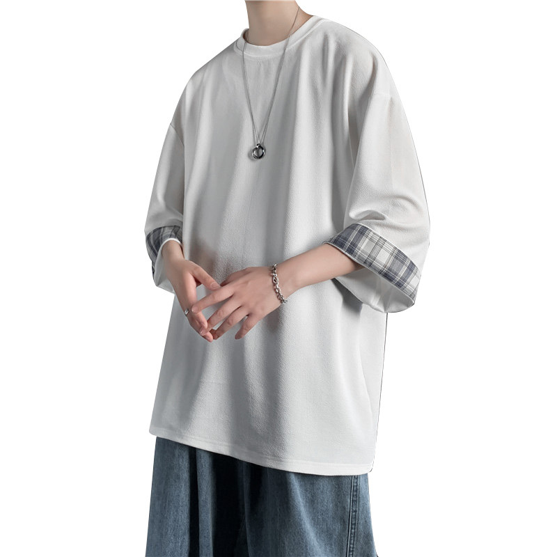 ビッグサイズルーズサマーメンズ半袖Tシャツ ラウンドネックTシャツ 学生チェック柄トップス
