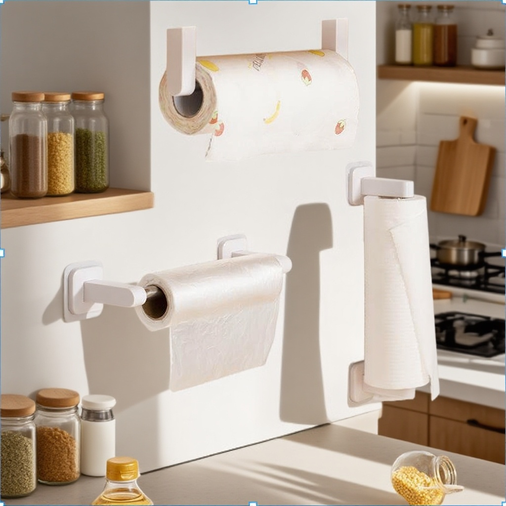 Kuchyňský držák na papírové utěrky a fólie, montáž bez vrtání, nerezová polička