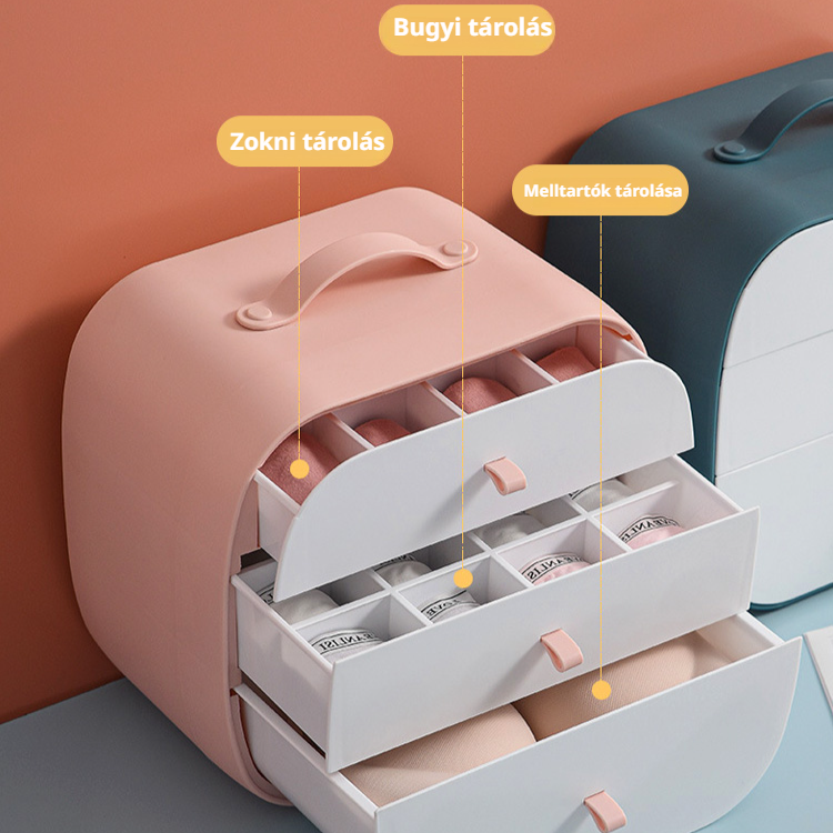 Fehérnemű rendszerező doboz, melltartó és bugyi fiókrendező rekeszekkel