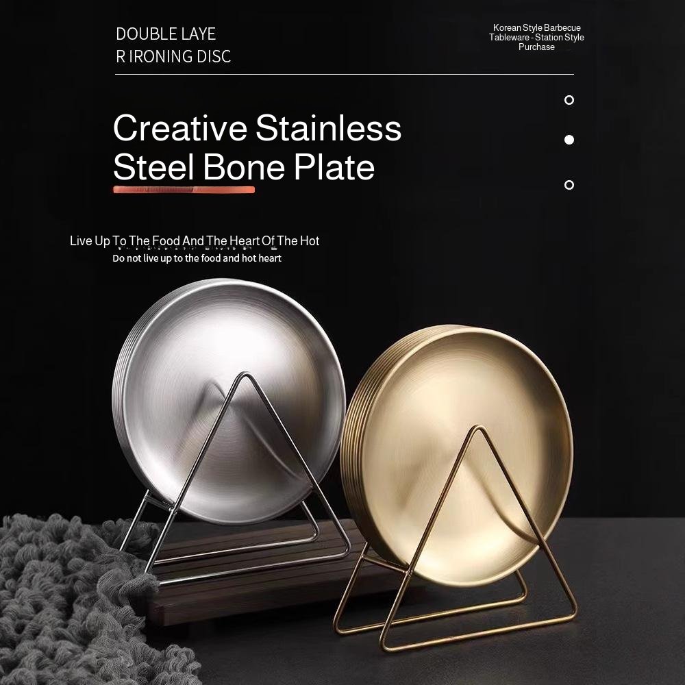 Čtvercový nerezový talíř na kosti s podstavcem a úložným stojanem pro domácnost, kulatý mělký talíř