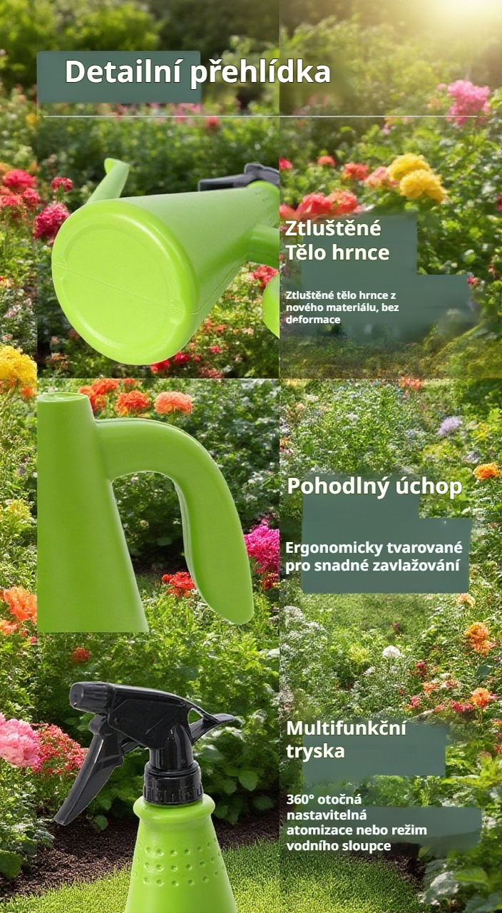 Praktická konev na květiny a postřikovač