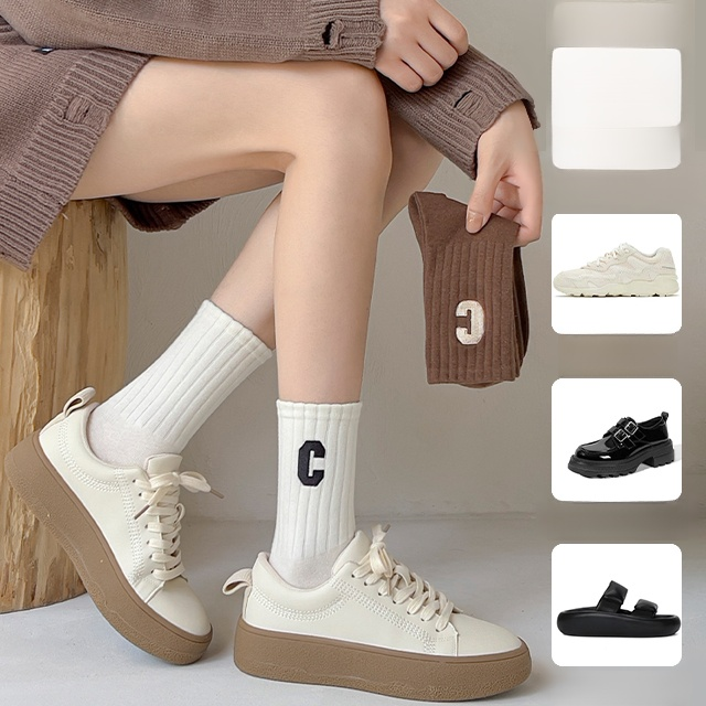 [1+1 10켤레 받음] 순면 자수 알파벳 C 땀 흡수 방취 중목 양말