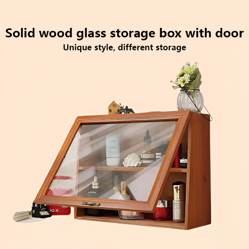 Retro solid wood with door flip cover glass dustproof two-layer cosmetics storage box display cabine