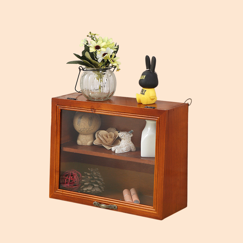 Retro solid wood with door flip cover glass dustproof two-layer cosmetics storage box display cabine