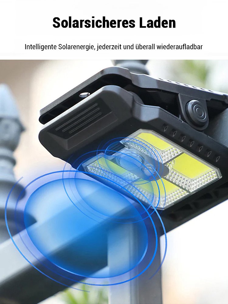 Wetterfeste Sensor-Solar-Klemmleuchte für Außenbereich