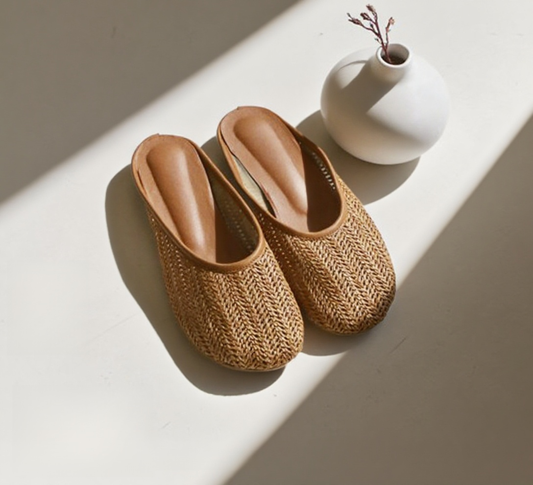 2019夏の日は網の面の亜麻編みの靴の裏半分のスリッパの外で学生の森ガール風のフラットシューズを履きます。