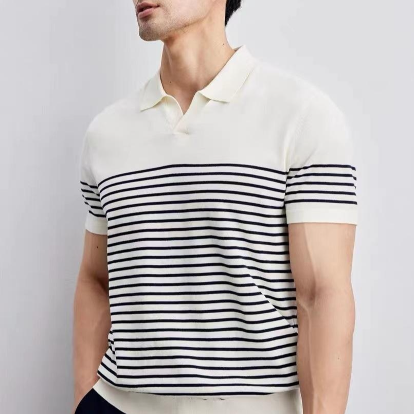 남자 여름 편한 반팔 티셔츠 캐주얼 슬림 스트라이프 반팔 신사 브이넥 반팔 셔츠
