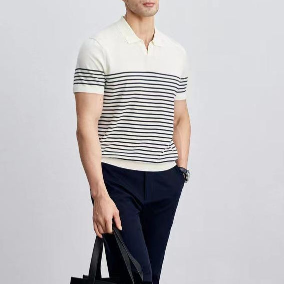 남자 여름 편한 반팔 티셔츠 캐주얼 슬림 스트라이프 반팔 신사 브이넥 반팔 셔츠