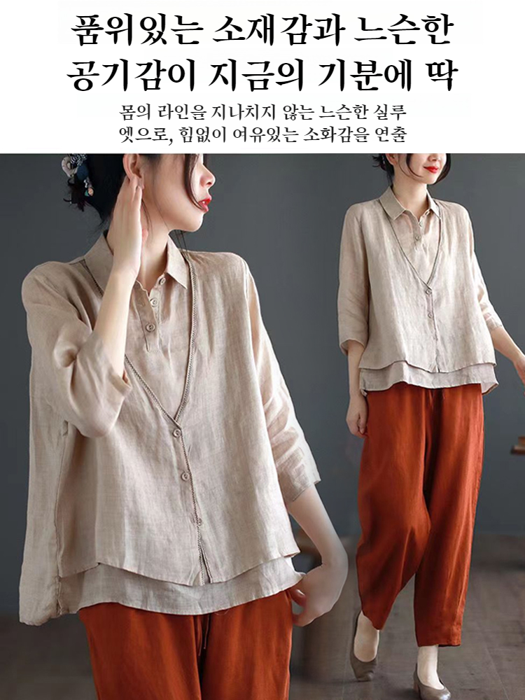 여성 문예 루즈핏 솔리드 셔츠 코튼 린넨 가짜 투피스 상의 여성 루즈핏 문예 가짜 투피스 셔츠
