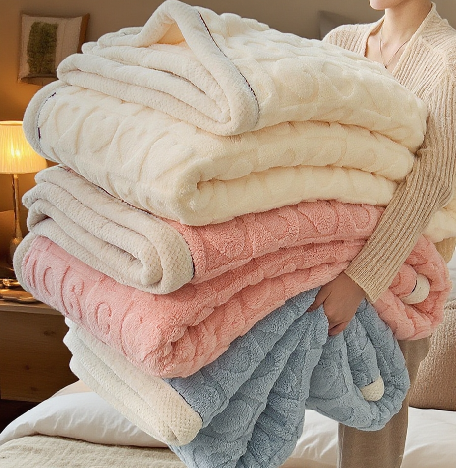Soft coral fleece leisure blanket draped over a sofa