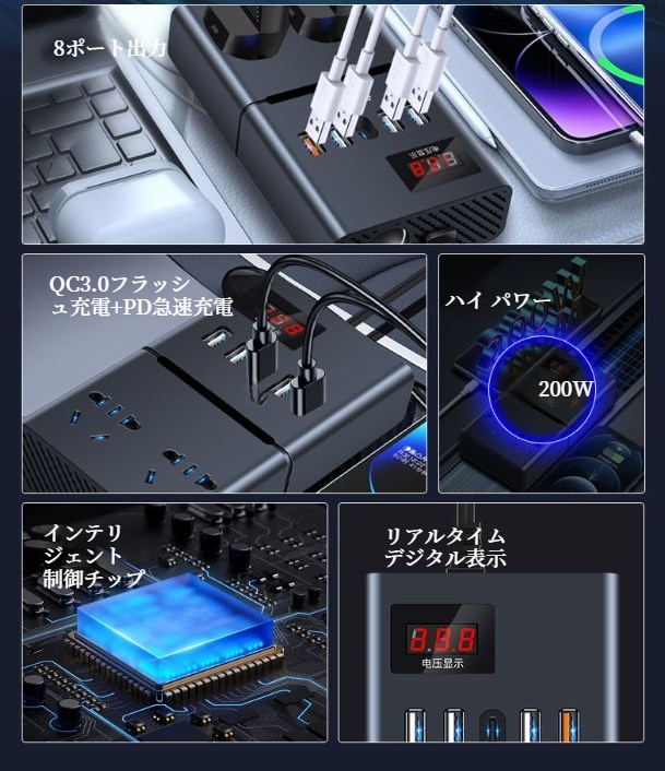 デジタルディスプレイ付き車用インバーター使用シーン