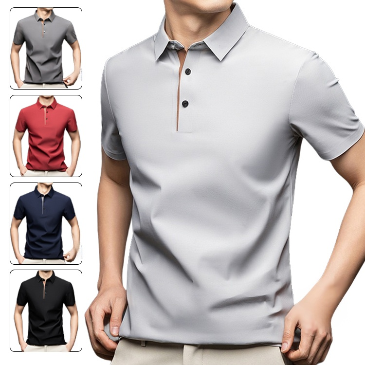 夏用メンズ半袖ポロシャツ　アイスシルク涼感素材　4方向ストレッチ  薄手 シワ防止 アイロン不要 メンズ速乾襟付きTシャツ