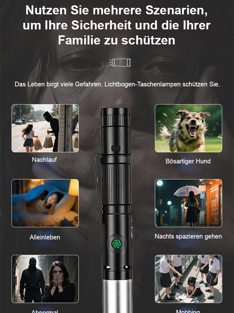 Taschenlampe mit Hochleistungs-Lichtbogen zur Abwehr von Übeltätern