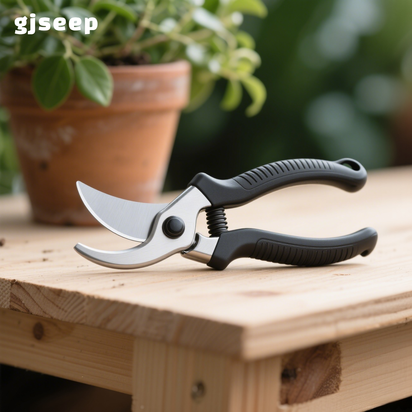 Close-up of sharp blades on stainless steel garden shears