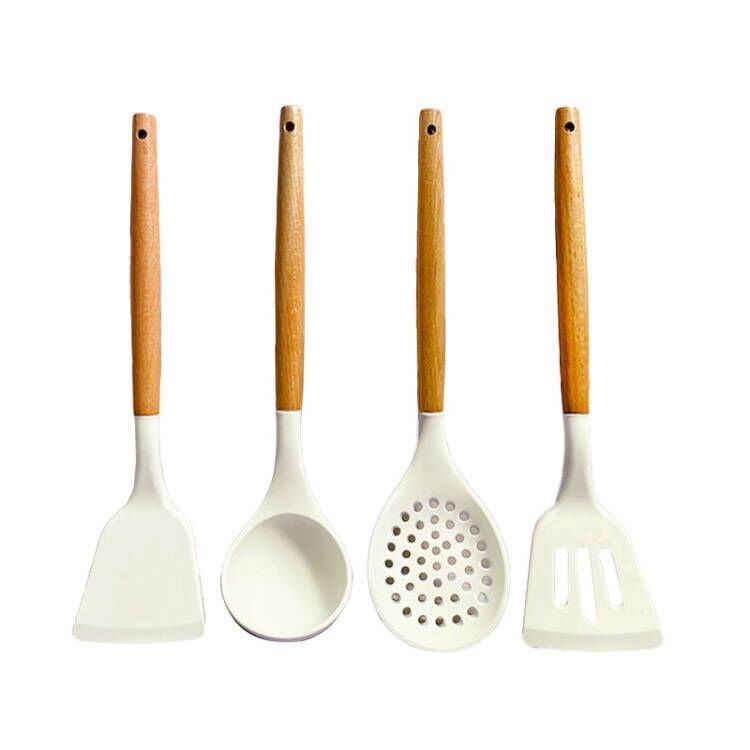 Wooden handle silicone kitchenware three-piece set soup spoon spatula kitchenware set non-stick stea