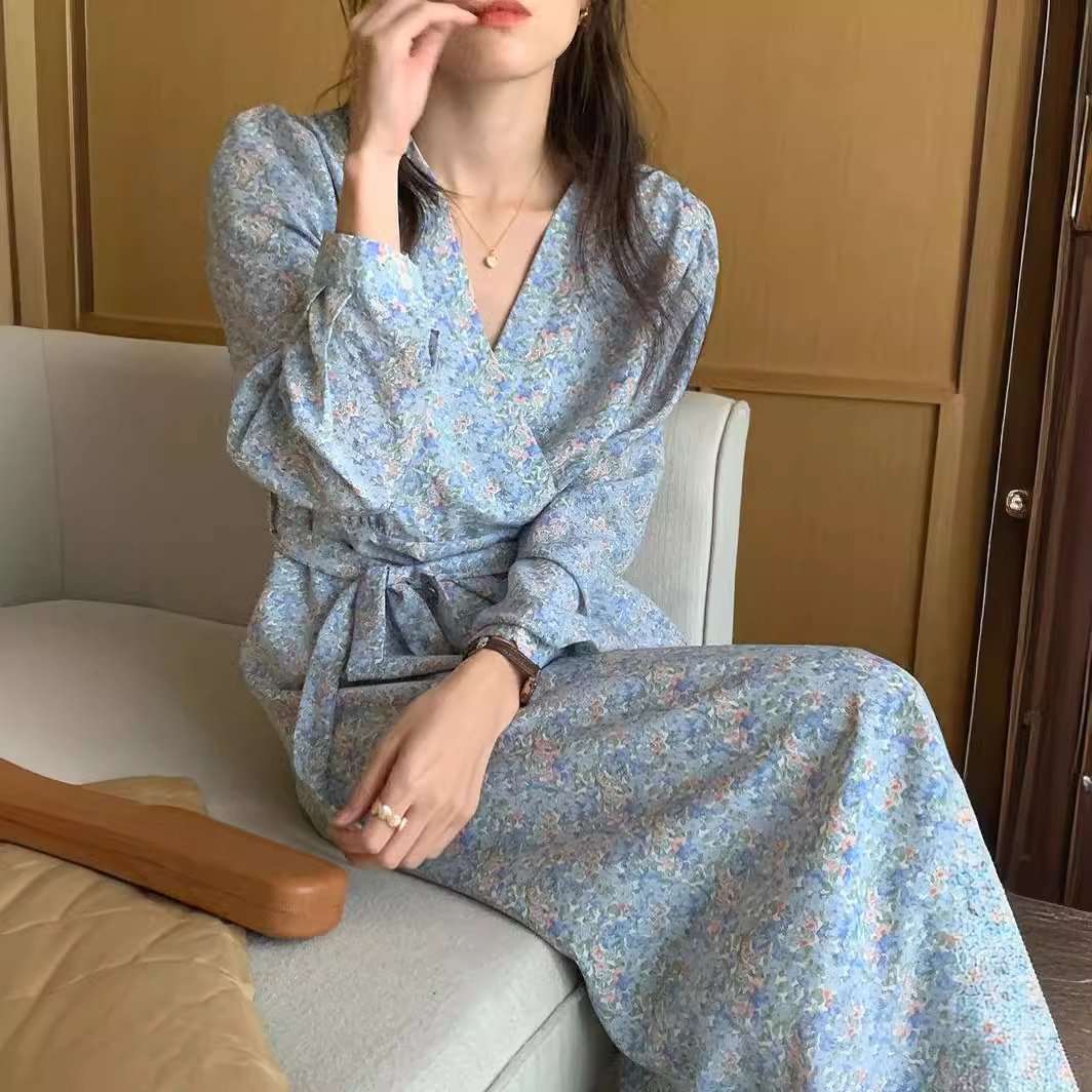 여성 원피스 허리 여리여리 플라워 롱 원피스 엘레강스 브이넥 도라지 스트링 원피스