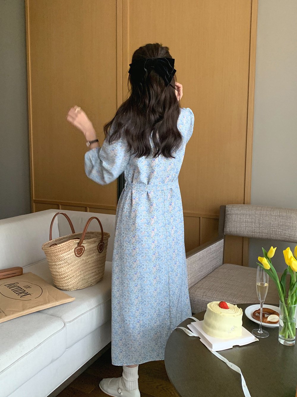 여성 원피스 허리 여리여리 플라워 롱 원피스 엘레강스 브이넥 도라지 스트링 원피스