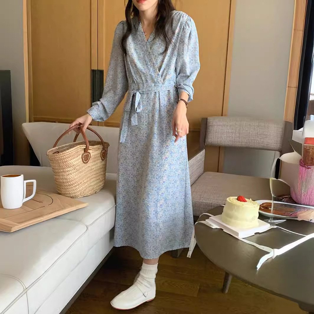 여성 원피스 허리 여리여리 플라워 롱 원피스 엘레강스 브이넥 도라지 스트링 원피스