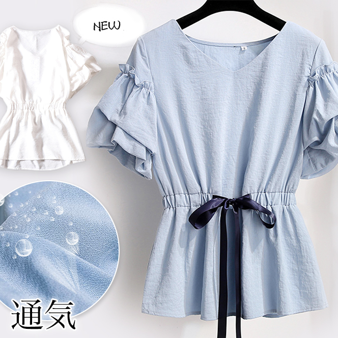 ブラウス  Tシャツ リネン Vネック リボン付き バルーンスリーブ フレア aライン きれいめ