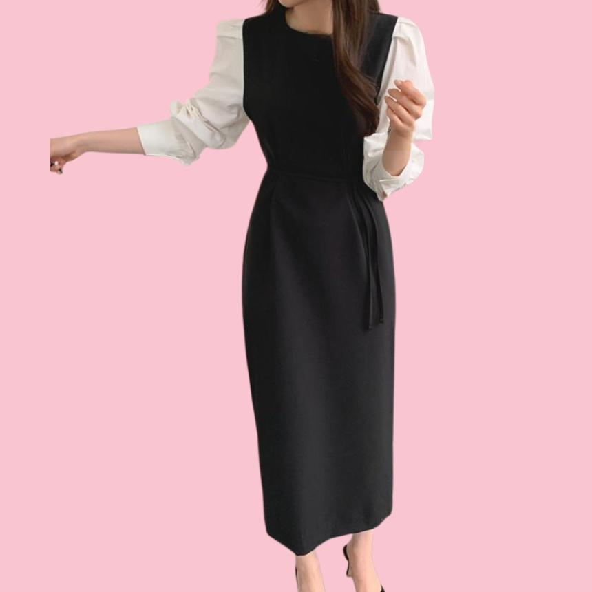 기품 박색 조인트 소매 허리 끈 라운드 원피스