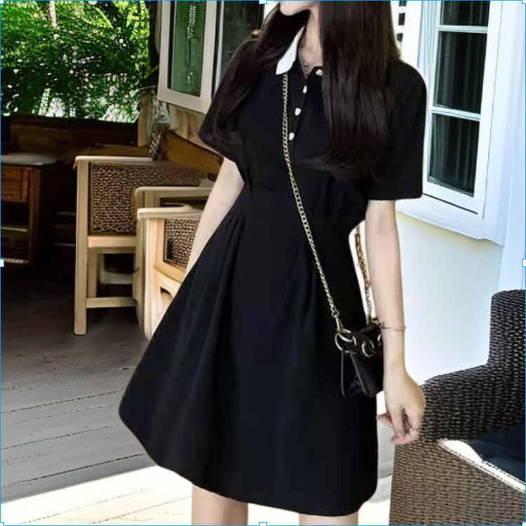 小さめの黒襟ウエストワンピース女性夏新作ヘップバーン風リトルブラックワンピーストレンド