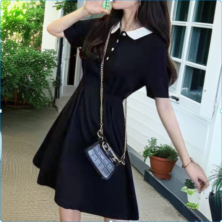 小さめの黒襟ウエストワンピース女性夏新作ヘップバーン風リトルブラックワンピーストレンド
