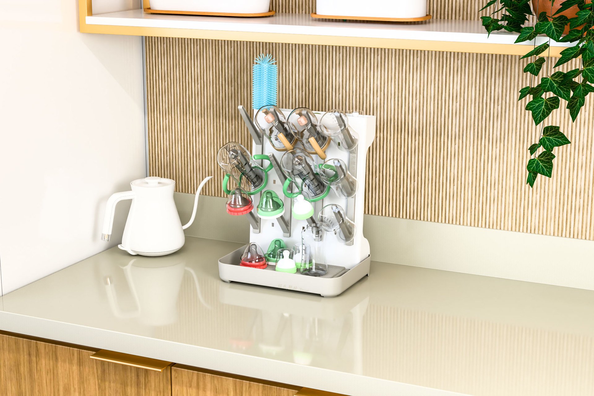 お手入れ簡単な排水トレイ付きボトルラック